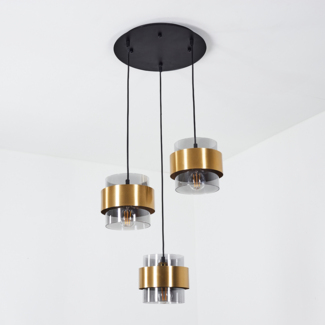 »Chiasottia«, 3-flammige Deckenlampe aus Metall in Schwarz/Messing mit Rauchglasschirmen, moderne Pendelleuchte, 3 x E27 max. 60 Watt, Höhe max. 123 cm, LED geeignet