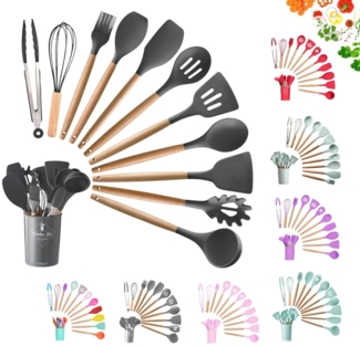 Küchenhelfer Set 12-tlg Silikon, Holzgriff, versch. Farben Schwarz