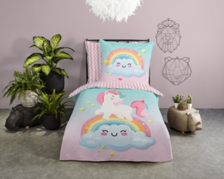 good morning Kinderbettwäsche Sweety, Renforcé, 2 teilig, Baumwolle, 135x200, Wendeoptik, Kind, Einhorn, Regenbogen, Rosa, Multi