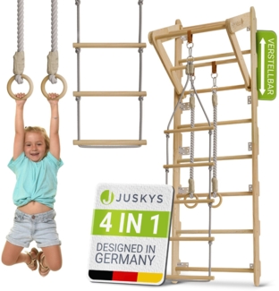 Juskys Sprossenwand für Kinder - mit Klimmzugstange, Indoor Klettergerüst mit Turnringen und Strickleiter, Kletterwand fürs Kinderzimmer, Turnstange