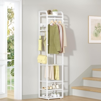 Garderobenständer, Kleiderständer mit 4 Ablagen und 13 Haken, Aufbewahrungsregal mit Umkehrbaren Ablagen, Garderobe, 30 x 40 x 186 cm, für Schlafzimmer, Wohnzimmer, Flur, Weiß