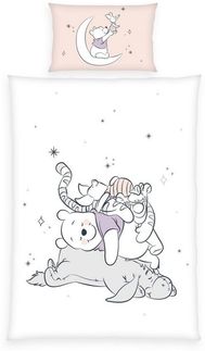 Herding Babybettwäsche 100x135cm Winnie Pooh Mond Rosa Weiß, Renforcé, 2 teilig, Winnie the Pooh mit Freunden, Sterne