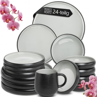 Moritz & Moritz Tafelservice SOLID UNI Geschirrset Grau mit Tassen (24-tlg), 6 Personen, Steinzeug, Kombigeschirr für 6 Personen