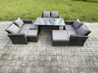 Fimous Polyrattan Gartenmöbel-Sets mit Länglicher Esstisch Doppelsitzsofa 3 Fußhockern Dunkelgrau gemischt