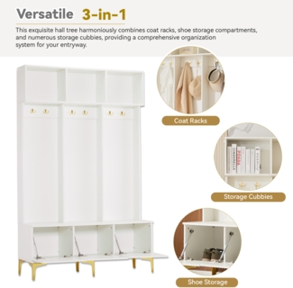 Schuhschrank 120x23.5x191.5 cm, 3 kippbare Fächer mit Schublade, klappbare Sitzbank, Weiß, Spanplatte