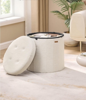 SONGMICS MAZIE Kollektion – Sitzhocker rund, Fußhocker mit Stauraum, faltbarer Hocker mit abnehmbarem Deckel, einfache Montage, Fleece, Wohnheim, Schlafzimmer, Wohnzimmer, cremeweiß
