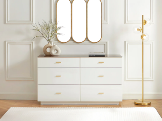 Vente-unique - Kommode mit 6 Schubladen - MDF & Sicherheitsglas - Weiß lackiert & Braun - MATIRINA