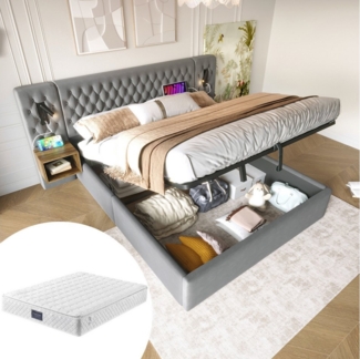REDOM Polsterbett Bettanlage Schlafzimmer Komplett Set (Stauraumbett, Doppelbett, 2-tlg, 2 Nachttischen, 160×200cm,mit Matratze), Hydraulisch Stauraumbett mit zwei Nachttischen