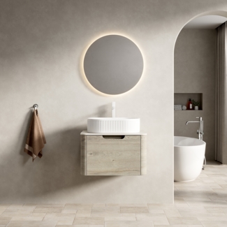 Badezimmer-Waschtisch, Schwebend Weißes Ovales Waschbecken Travertin-Sintersteinplatte gebogene Kanten Sperrholzschrank mit Schublade vormontiert, Sperrholz+Stein, Eiche creme Holzmaserung, 60 cm