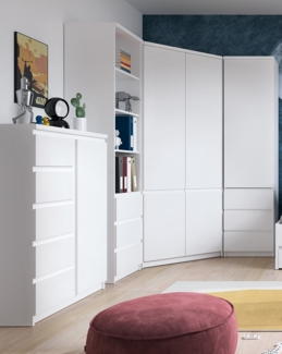 Jugendzimmer Schrank Set mit Eckkleiderschrank, Kommode und 2 Regalschränke in weiß FORTALEZA-129