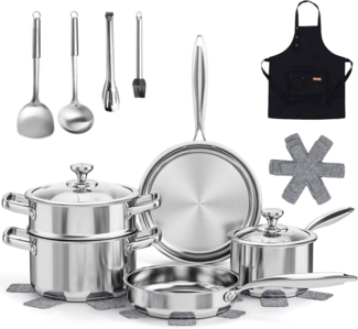 16-teiliges Edelstahl Töpfe & Pfannen Set Induktion Dampfgarer Glasdeckel