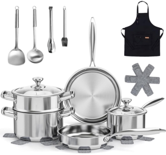 16-teiliges Edelstahl Töpfe & Pfannen Set Induktion Dampfgarer Glasdeckel