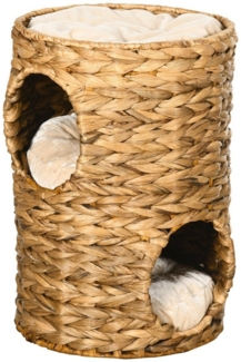 PawHut Kratztonne mit 2 Höhle, Kissen, Katzenbett, (katzenbaum, 1-tlg, kletterbaum), aus Wasserhyazinthe, Hellbraun