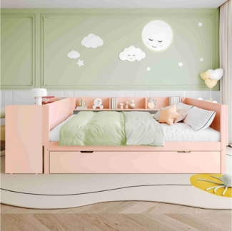 BlingBin Holzbett Kinderbett Multifunktionales Bett (1-tlg, mit Schreibtisch, Verstecktes Ausziehbett und 3 Bücherregal), rosa,Kiefernholz+Spanplatte, 140x200 cm, für Kinder und Jugendliche
