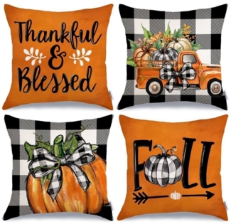CLTYQ Kissenbezüge 4er-Set Herbst-Kissenbezüge 45x45 cm,Mit Kürbismotiv,Einseitig, (4 Stück), Kissenhüllen für Herbstdeko,Wohnzimmer Kissen-Hülle