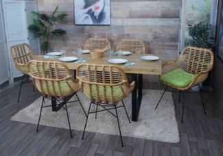 6er-Set Esszimmerstuhl HWC-P17, Küchenstuhl Korbstuhl Rattansessel Rattanstuhl Stuhl, Kubu Rattan Metall ~ Polster grün