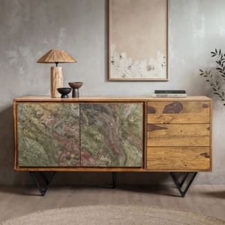 FineBuy Sideboard 175 x 71 x 40 cm Sheesham Massivholz Kommode mit Steinoptik Weiß, Hoher Kommodenschrank Modern, Standschrank mit 2 Türen und 3 Schubladen, Anrichte Wohnzimmer