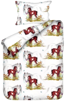 JACK Babybettwäsche 100x135cm, Pferd Mama und Fohlen mit RV, Biber, 2 teilig, süßes Kindermotiv mit Pferdemama und Fohlen