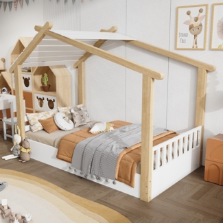 Merax Holzbetten, 90x200cm Kinderbett, Einzelbett, Exquisites Holzhausdesign, Stabile Lattenroste, Weiß+Natur