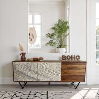 FineBuy Sideboard 175x71x40 cm Sheesham Massivholz Kommode mit Steinoptik Weiß, Hoher Kommodenschrank Modern, Standschrank mit 2 Türen und 3 Schubladen, Anrichte Wohnzimmer