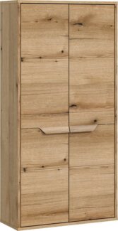 welltime Midischrank Kayu, Höhe 132cm, stehend/hängend montierbar, 2 Türen, 3 Einlegeböden einzigartiges Griffdesign, Badschrank, Bad-Möbel, Badezimmer, Bad