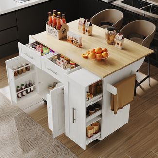 Merax Kücheninsel, Küchenschrank, buffetschrank, Speisewagen mit Holzmaserung, Multifunktionale Esstisch mit Speicherraum, Speisewagen mit Snackregalen und Stretchfunktionsschränken, weiß