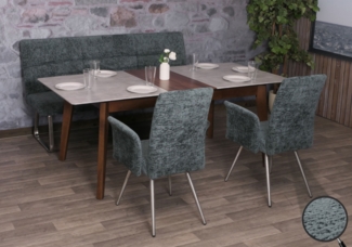 Esszimmer-Set HWC-G55, 2er-Set Stuhl mit Armlehne+Sitzbank 180cm, Edelstahl gebürstet Stoff/Textil Chenille ~ blau-grün