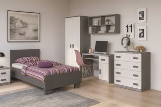 Deine Möbel 24 Jugendzimmer-Set INGE Jugendzimmer Jugendmöbel Kinderzimmer komplett 6-teilig, (Kindermöbel aus Laminatplatte, 6-tlg, Bett, Nachttisch, Schreibtisch, Hängeregal, Kleiderschrank, Kommode), Kinderzimmer Set Weiß Griffe Rosa Blau Grün Grau ...