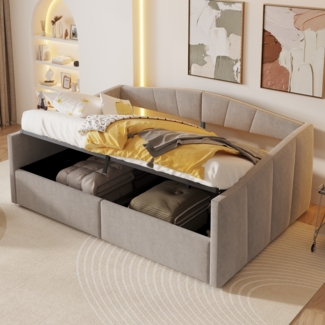 Merax Daybett Tagesbett Schlafsofa 140x200cm mit Stauraum, Polsterbett mit Lattenrost, Sofabett mit Arm- und Rückenklehne, Stauraumbett Samt, Hellgrau