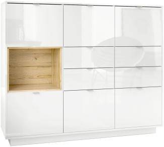 Highboard Sideboard Metro V2, Korpus in Weiß Hochglanz / Fronten in Weiß Hochglanz mit Einsatz in Eiche Natur