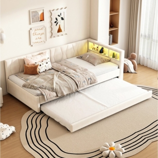 Merax Daybett (Kinderbett Polsterbett mit Stauraum, 1 tlg), LED Schlafsofa Tagesbett 90x200cm mit Ausziehbett 90x190cm, Leinen
