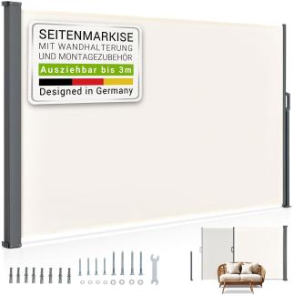 Juskys Seitenmarkise Dubai 300 x 200 cm ausziehbar blickdicht, Sichtschutz für Balkon & Terrasse, Seitenrollo mit Wandhalterung – beige