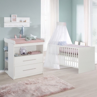 roba® Babymöbel-Set Maren - klassisches Babyzimmer Set - Weiß - Metallgriffe - aus Holz, (schmale Wickelkommode, Babybett 70x140 cm), Babyzimmer Set- mitwachsend, umbaubar- zeitlose, klassische Optik