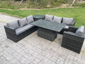 Fimous 7-Sitzer Wicker PE Gartenmöbel Rattan Sofa Set im Freien Einstellbare aufsteigende Esstisch Set mit Sessel Beistelltisch Dunkelgrau gemischt