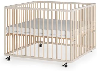 Sämann Laufstall Baby mit Matratze Cloud Air | TÜV geprüft | stufenlos höhenverstellbar | Laufgitter Premium | Babybett aus Holz | Krabbelgitter (sahara dust/natur, 100x100 cm)