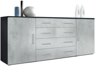 Vladon Sideboard Faro V2, Kommode mit 2 Türen und 4 Schubladen, Schwarz matt/Beton Oxid Optik (166 x 72 x 35 cm)