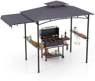 Grillpavillon mit Seitenmarkise Doppeldach 2 Seitenregalen &Haken Gartenpavillon BBQ Pavillon Dunkelgrau