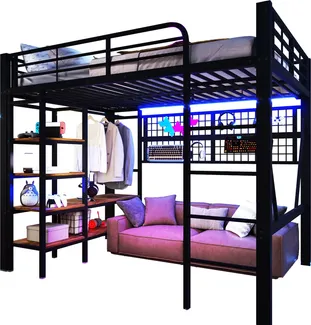 Hochbett mit Regal, LED-Beleuchtung, Kleiderstange, Wandgitter, Leiter, Rausfallschutz, 140x200cm, Kinderbett, Metallbett