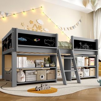 Kinderbett 90x200 cm mit Stauraum, Sicherheitsgeländer, Leiter & Zeichentafel,platzsparend, modernes Design in Grau