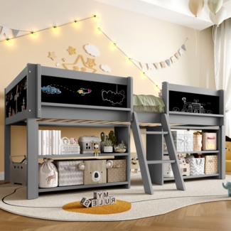 Kinderbett 90x200cm mit Stauraum, Sicherheitsgeländer, Leiter & Zeichentafel,platzsparend, modernes Design in Grau