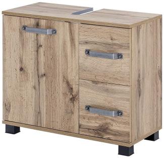 Lomadox Waschbeckenschrank LIMA-04 Badezimmer Unterschrank Badschrank Eiche Siphonausschnitt 65,1x59x32cm