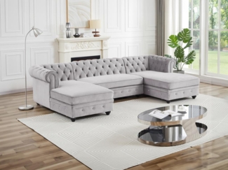 Vente-unique - Wohnlandschaft - Samt - Hellgrau - CHESTERFIELD