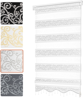 Bailena Doppelrollo mit Perlen Volant Bordüre Ranken Blumen Duorollo mit Muster Weiß Silber 60x200 cm