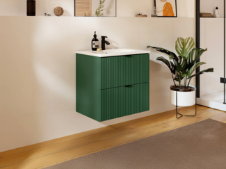 Vente-unique - Waschbeckenunterschrank hängend mit Einbauwaschbecken - Streifenoptik - Grün matt - 60 cm - ZEVINI