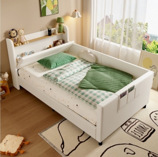 TavilaEcon Kinderbett mit Metallbettgestell, Kindernachttisch mit unterer Klapptür, mit drei kleinen Taschen, einfach zu installieren, 90×200cm
