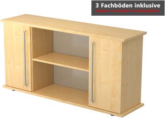 bümö Sideboard Ahorn mit Flügeltüren & Regal - Büromöbel Sideboard Holz 166cm breit, 45cm schmal, Büro Schrank für Flur oder als Wohnzimmer-Kommode mit Relinggriffen, SB2T-3-3-RE