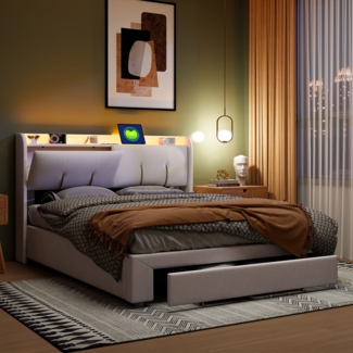 Polsterbett Doppelbett 160×200cm mit LED-Beleuchtung, Hydraulisch bett mit Bettkasten Schubladen und Staufächer aus Samt