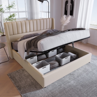 Stauraumbett Polsterbett 160x200 cm mit Hydraulik – Doppelbett mit Lattenrost aus Holz und Metallrahmen, Leinenbezug in Beige