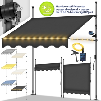 tillvex Klemmmarkise 300 cm Hellgrau mit LED mit Handkurbel Balkon | Balkonmarkise ohne Bohren | Markise UV-beständig & höhenverstellbar | Sonnenschutz wasserdicht