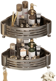 Refined Living Duschregal 2-Stück Eckregal ohne Bohren aus rostfreiem Aluminium für die Dusche, Badezimmer Duschablage Selbstklebendes Oder Bohren 2-tlg, mit 4 Klebeflächen und 4 Haken,für Bäder Küchen Duschgel(Grau&Schwarz)